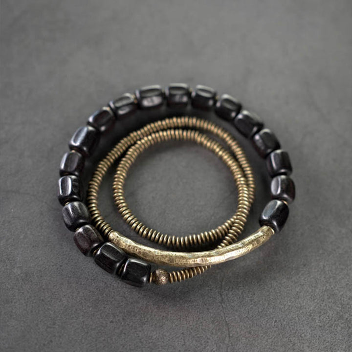 Bracelet de guérison multicouche en cuivre avec perles en bois d'ébène tibétain vintage Buddha Stones Peace
