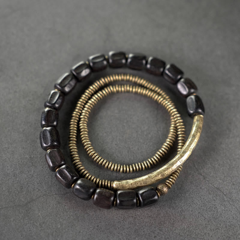 Bracelet de guérison multicouche en cuivre avec perles en bois d'ébène tibétain vintage Buddha Stones Peace