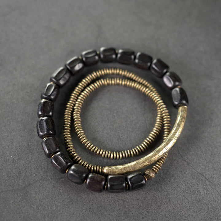 Bracelet de guérison multicouche en cuivre avec perles en bois d'ébène tibétain vintage Buddha Stones Peace
