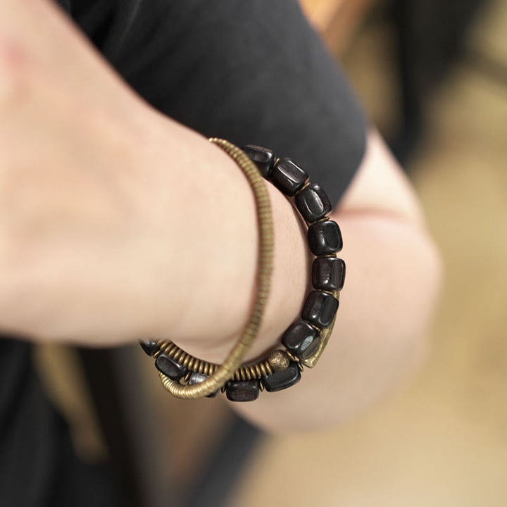 Bracelet de guérison multicouche en cuivre avec perles en bois d'ébène tibétain vintage Buddha Stones Peace