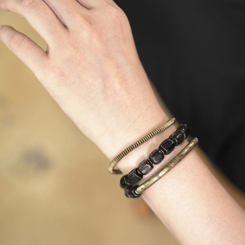 Bracelet de guérison multicouche en cuivre avec perles en bois d'ébène tibétain vintage Buddha Stones Peace