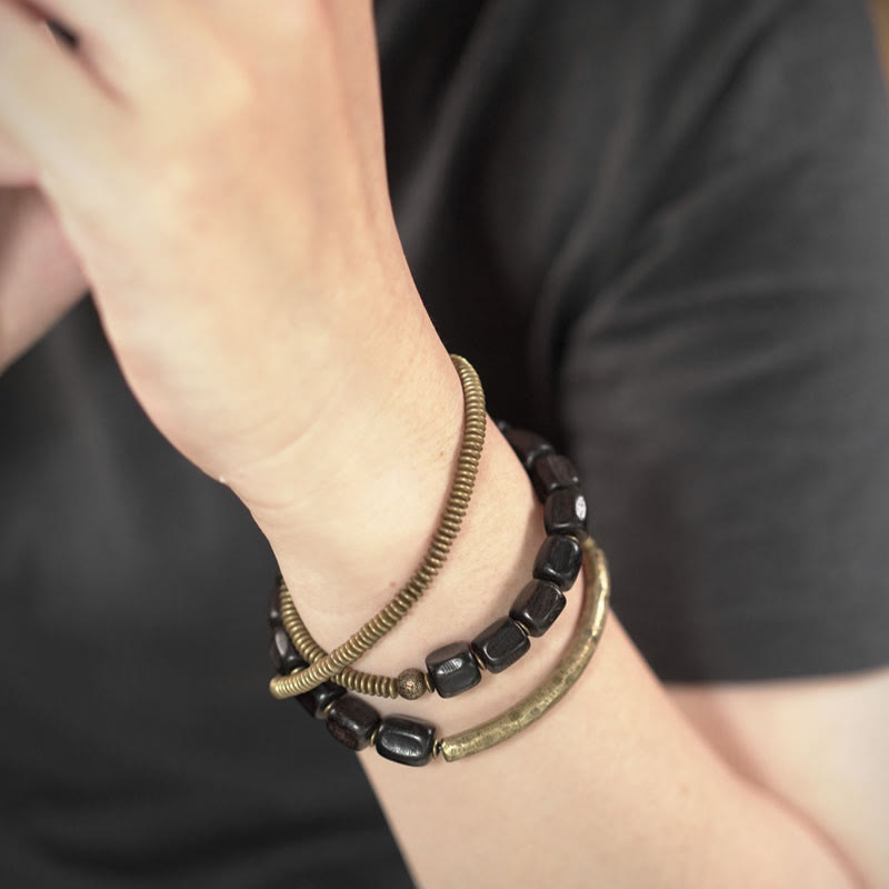 Bracelet de guérison multicouche en cuivre avec perles en bois d'ébène tibétain vintage Buddha Stones Peace