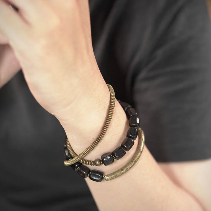 Bracelet de guérison multicouche en cuivre avec perles en bois d'ébène tibétain vintage Buddha Stones Peace