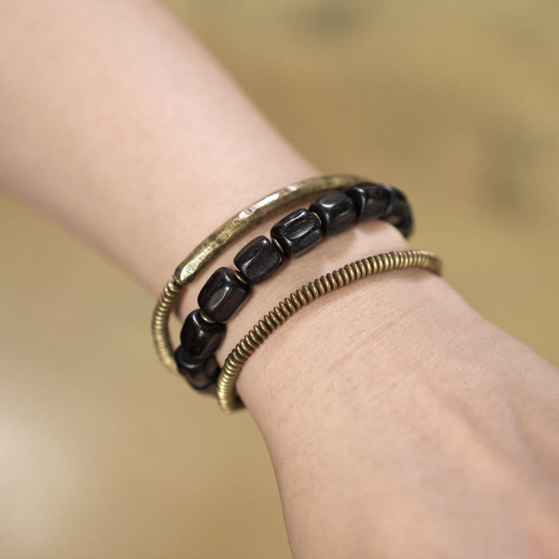 Bracelet de guérison multicouche en cuivre avec perles en bois d'ébène tibétain vintage Buddha Stones Peace