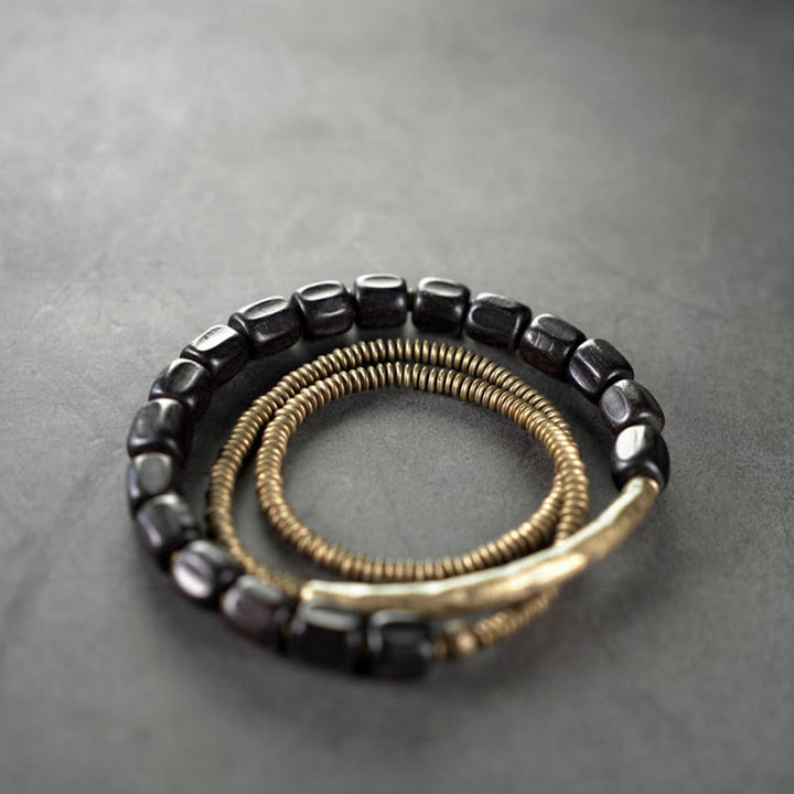 Bracelet de guérison multicouche en cuivre avec perles en bois d'ébène tibétain vintage Buddha Stones Peace