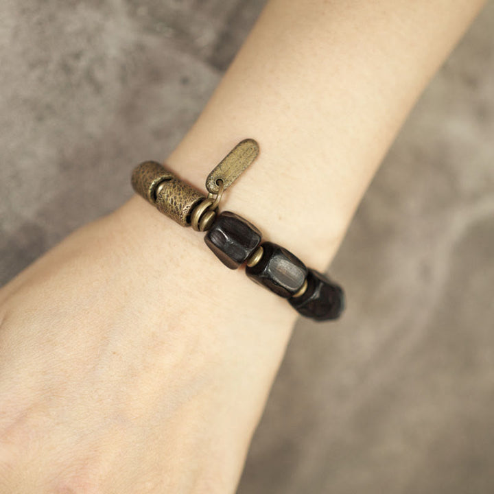 Bracelet de perles en cuivre et bois d'ébène avec Buddha Stones vintage Peace