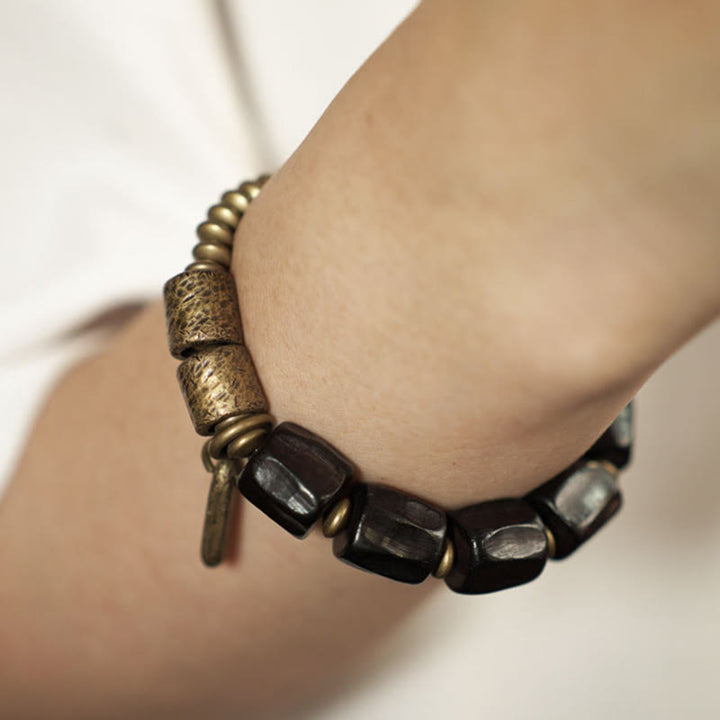 Bracelet de perles en cuivre et bois d'ébène avec Buddha Stones vintage Peace