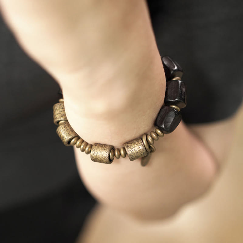 Bracelet de perles en cuivre et bois d'ébène avec Buddha Stones vintage Peace