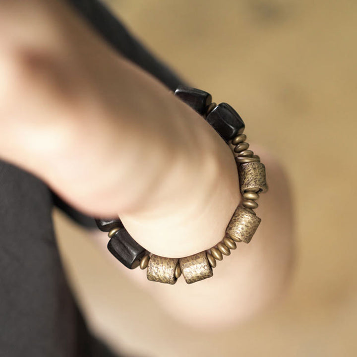 Bracelet de perles en cuivre et bois d'ébène avec Buddha Stones vintage Peace
