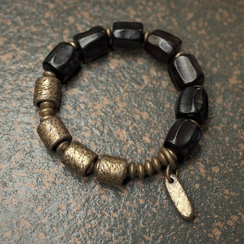 Bracelet de perles en cuivre et bois d'ébène avec Buddha Stones vintage Peace