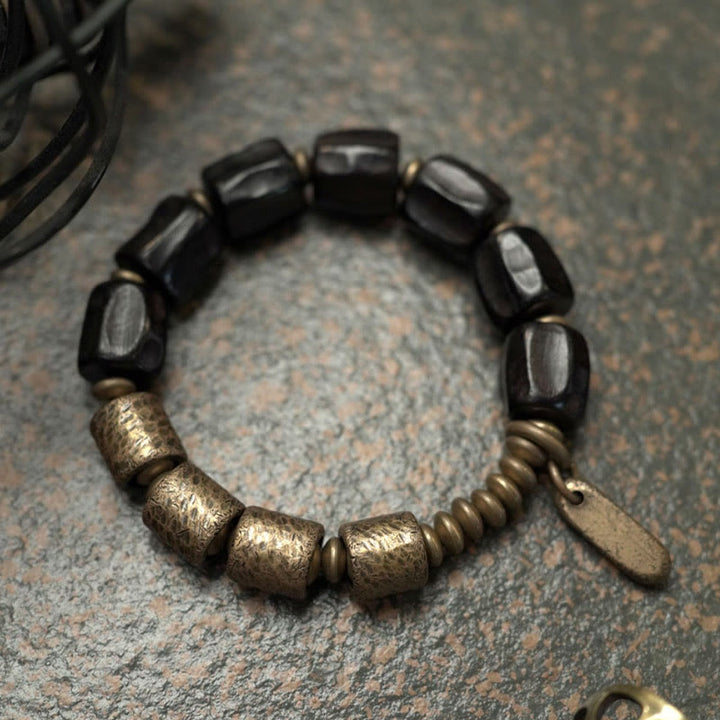 Bracelet de perles en cuivre et bois d'ébène avec Buddha Stones vintage Peace