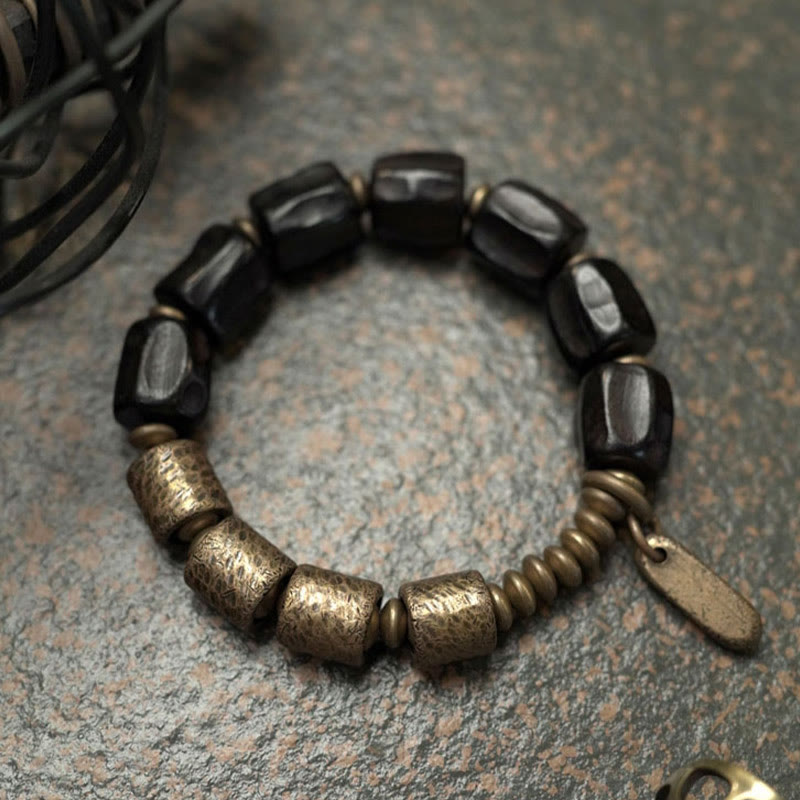 Bracelet de perles en cuivre et bois d'ébène avec Buddha Stones vintage Peace
