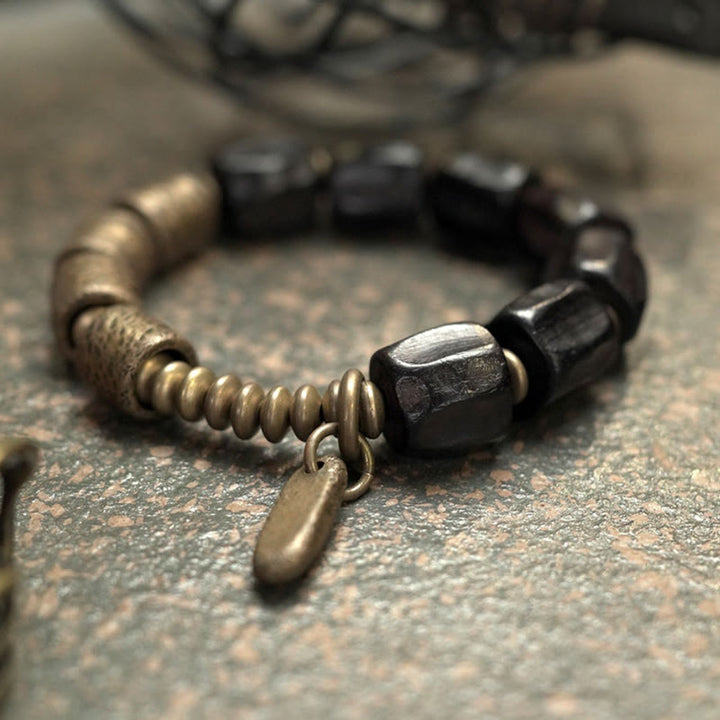 Bracelet de perles en cuivre et bois d'ébène avec Buddha Stones vintage Peace
