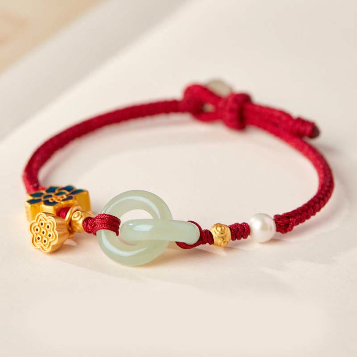 Bracelet porte-bonheur en corde tressée avec boucle de paix en jade et lotus de Hetian Buddha Stones