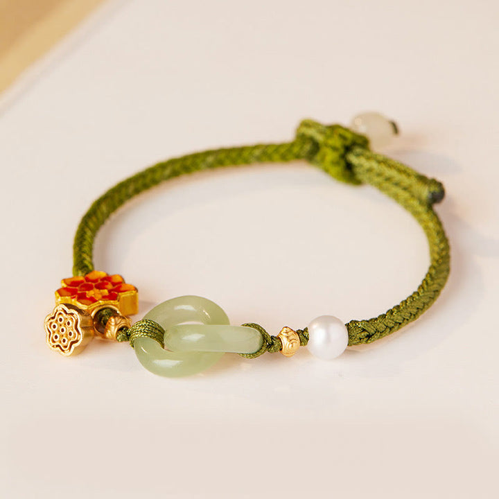 Bracelet porte-bonheur en corde tressée avec boucle de paix en jade et lotus de Hetian Buddha Stones