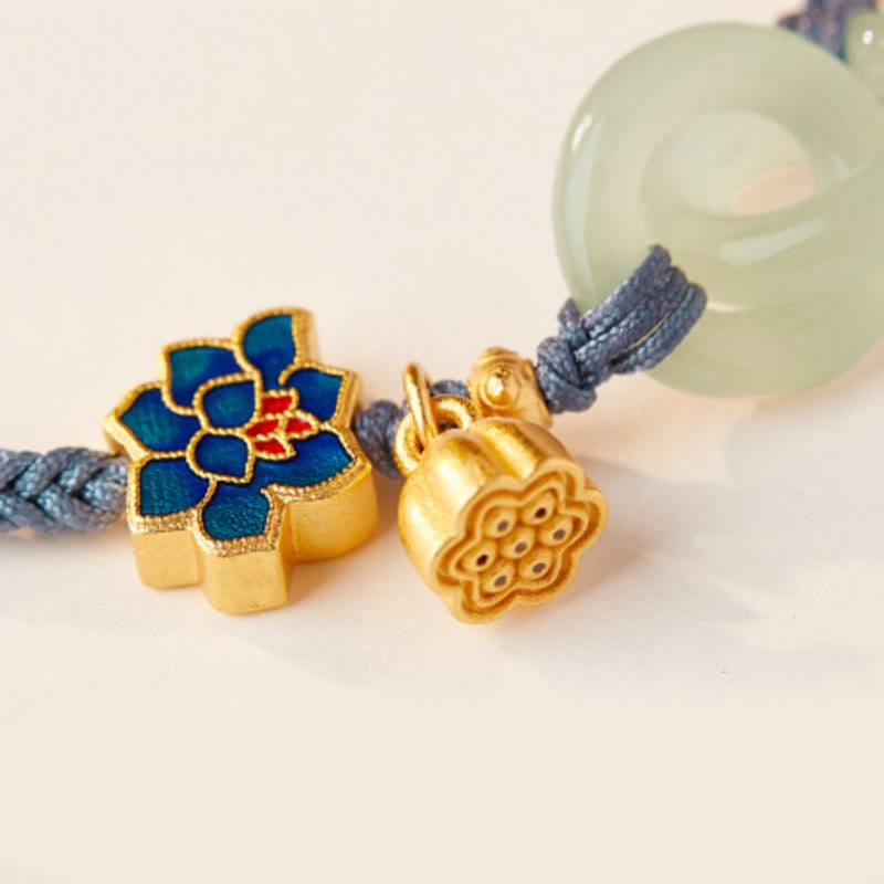 Bracelet porte-bonheur en corde tressée avec boucle de paix en jade et lotus de Hetian Buddha Stones
