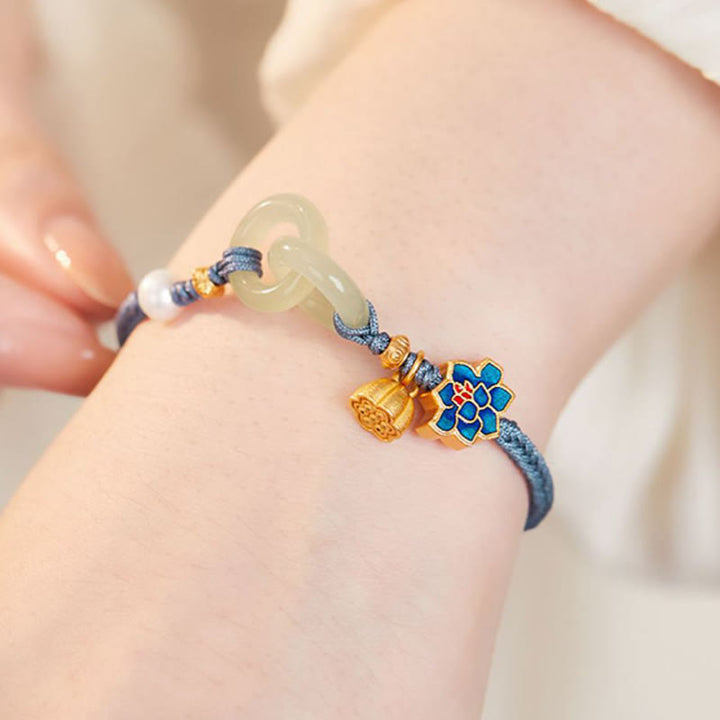 Bracelet porte-bonheur en corde tressée avec boucle de paix en jade et lotus de Hetian Buddha Stones