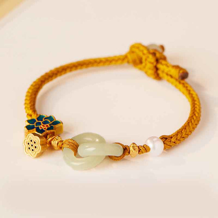 Bracelet porte-bonheur en corde tressée avec boucle de paix en jade et lotus de Hetian Buddha Stones