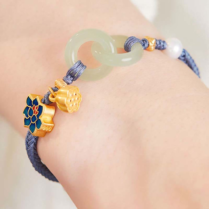 Bracelet porte-bonheur en corde tressée avec boucle de paix en jade et lotus de Hetian Buddha Stones