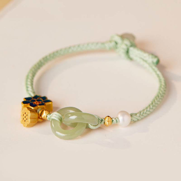 Bracelet porte-bonheur en corde tressée avec boucle de paix en jade et lotus de Hetian Buddha Stones