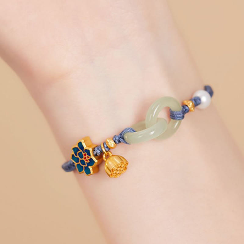 Bracelet porte-bonheur en corde tressée avec boucle de paix en jade et lotus de Hetian Buddha Stones