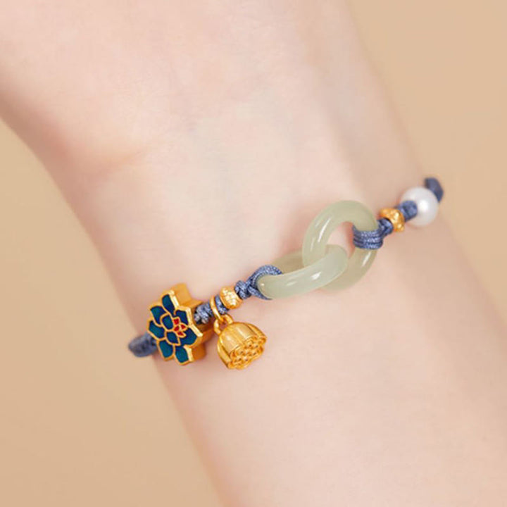Bracelet porte-bonheur en corde tressée avec boucle de paix en jade et lotus de Hetian Buddha Stones