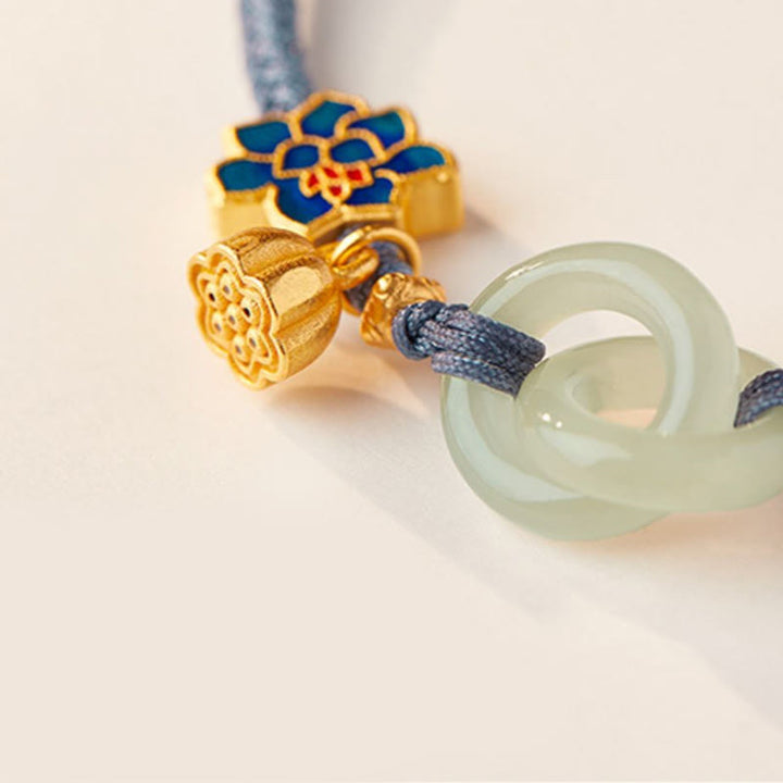 Bracelet porte-bonheur en corde tressée avec boucle de paix en jade et lotus de Hetian Buddha Stones