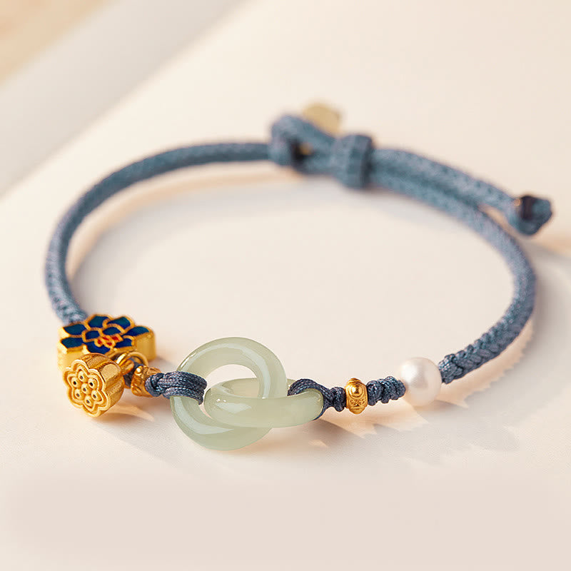 Bracelet porte-bonheur en corde tressée avec boucle de paix en jade et lotus de Hetian Buddha Stones