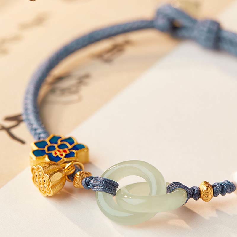 Bracelet porte-bonheur en corde tressée avec boucle de paix en jade et lotus de Hetian Buddha Stones
