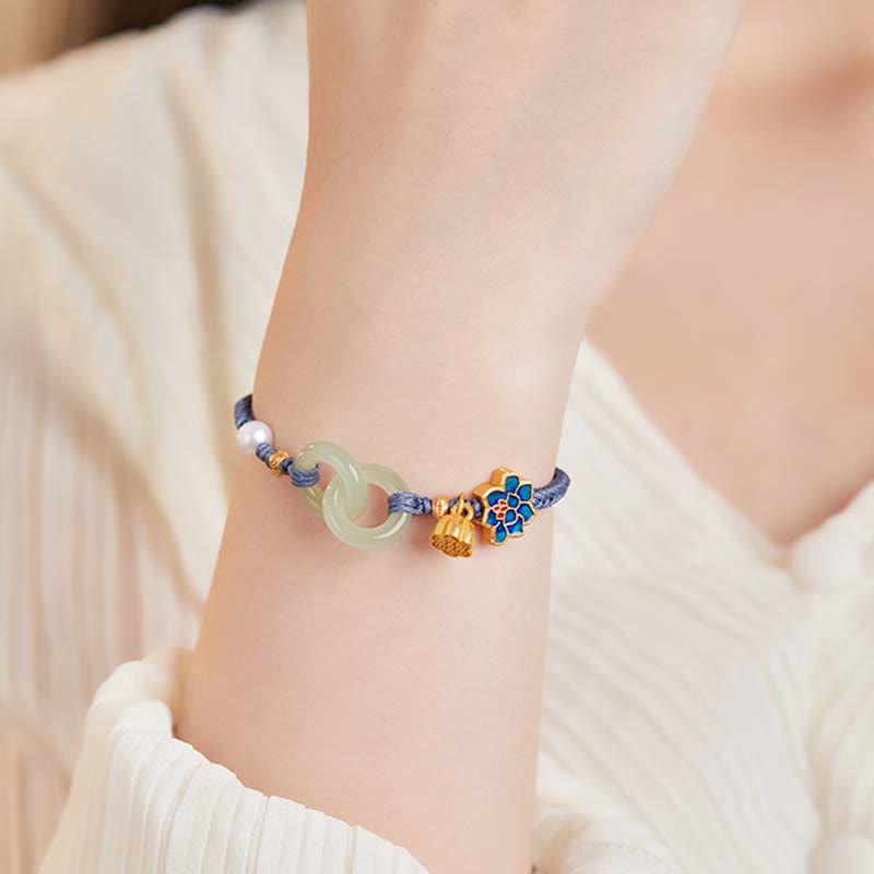 Bracelet porte-bonheur en corde tressée avec boucle de paix en jade et lotus de Hetian Buddha Stones