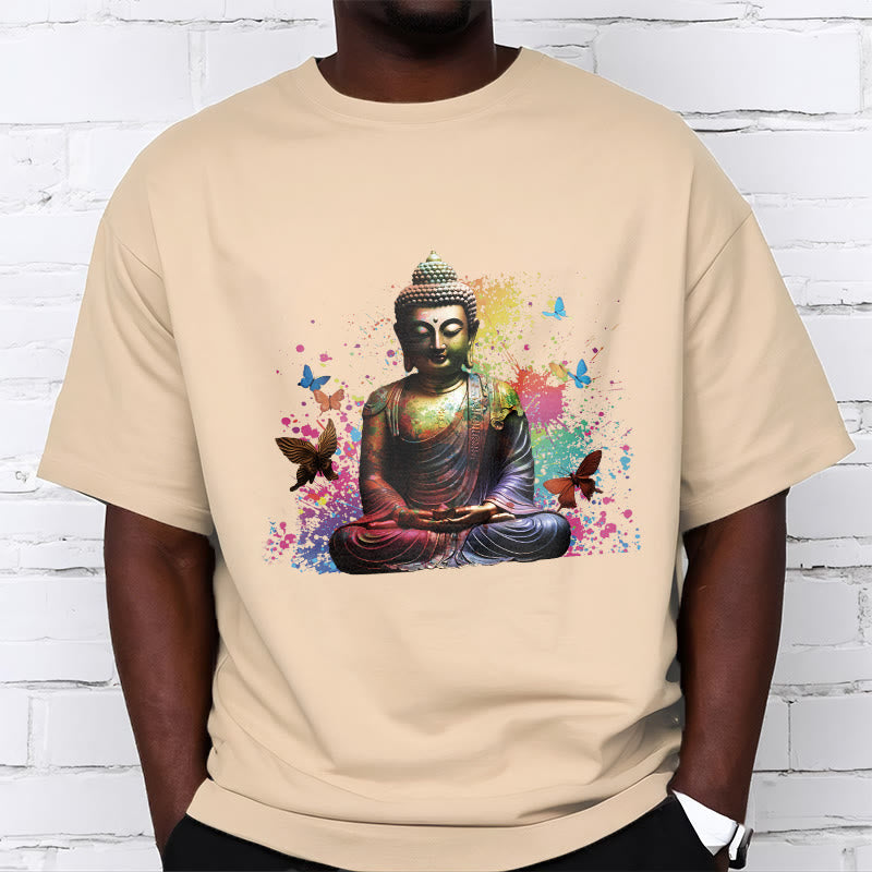 T-shirt Bouddha en Buddha Stones colorées avec papillon volant et méditation - image 8