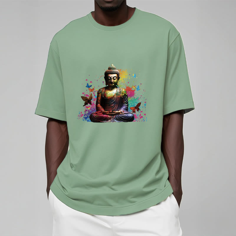 T-shirt Bouddha en Buddha Stones colorées avec papillon volant et méditation - image 15