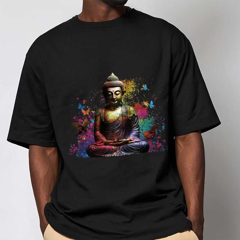 T-shirt Bouddha en Buddha Stones colorées avec papillon volant et méditation - image 1