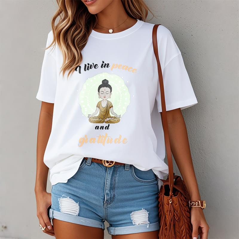 T-shirt Buddha Stones Je vis en paix et en gratitude Illustration Bouddha Tee
