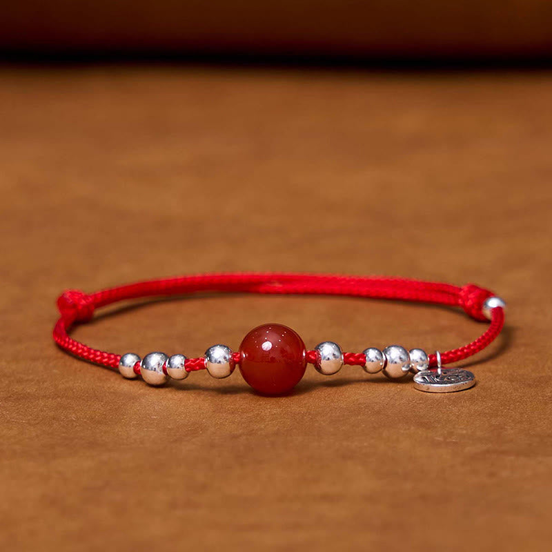 Bracelet en corde tressée ultra-mince en agate rouge avec personnage Fu en argent sterling 925 fait à la main par Buddha Stones