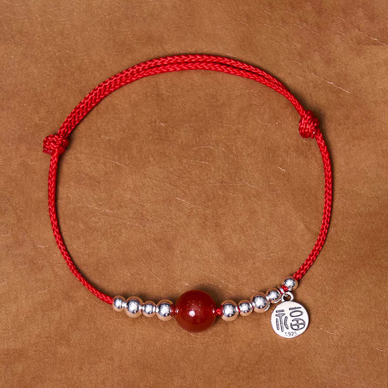 Bracelet en corde tressée ultra-mince en agate rouge avec personnage Fu en argent sterling 925 fait à la main par Buddha Stones - Corde rouge ultra-fine (tour de poignet 14-20 cm) - image 0