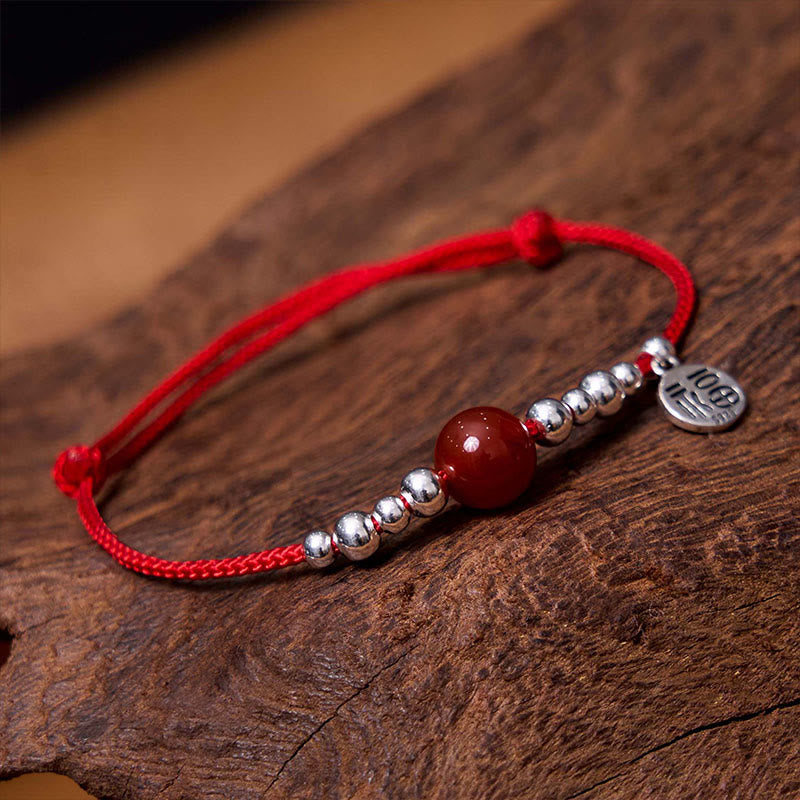 Bracelet en corde tressée ultra-mince en agate rouge avec personnage Fu en argent sterling 925 fait à la main par Buddha Stones