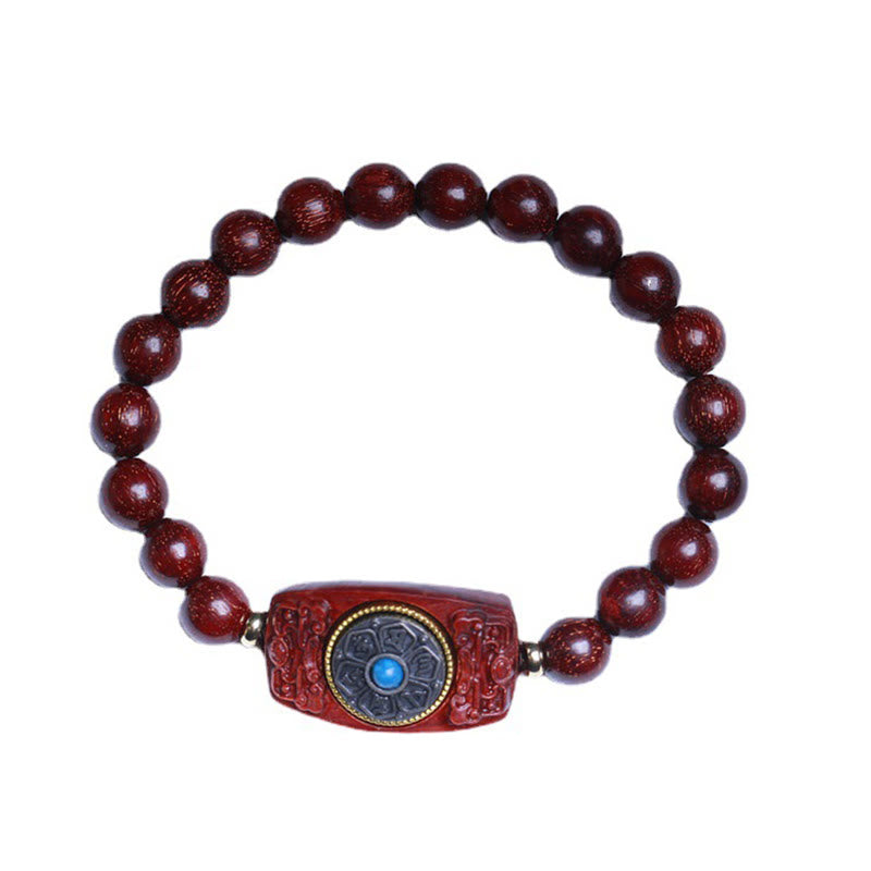Bracelet de paix en six mots vrais en bois de santal rouge et vert avec petites feuilles de Buddha Stones