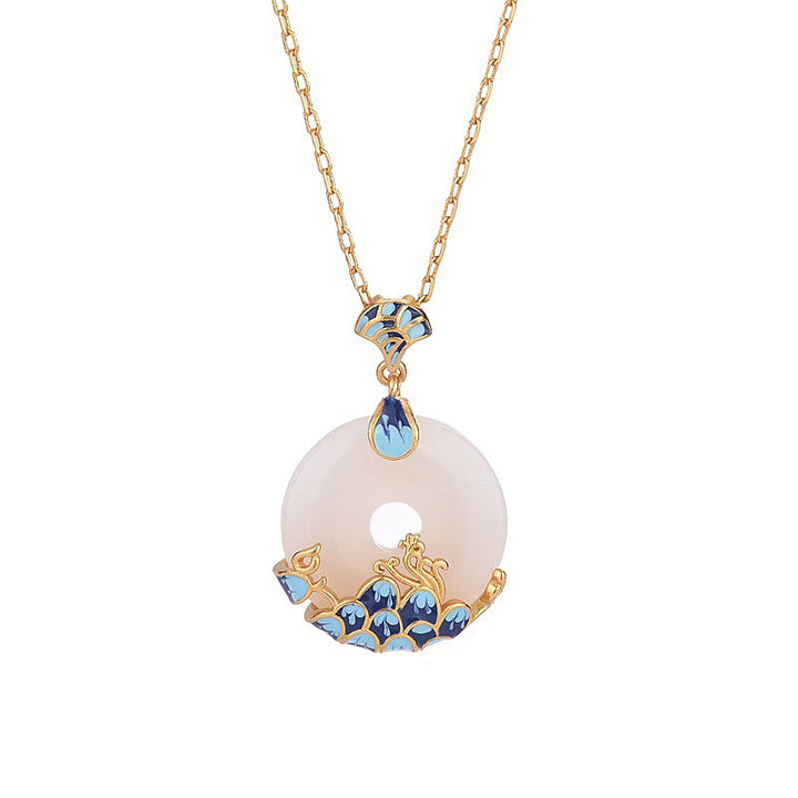 Collier pendentif porte-bonheur en jade blanc Buddha Stones et boucle de paix, montagnes et mer