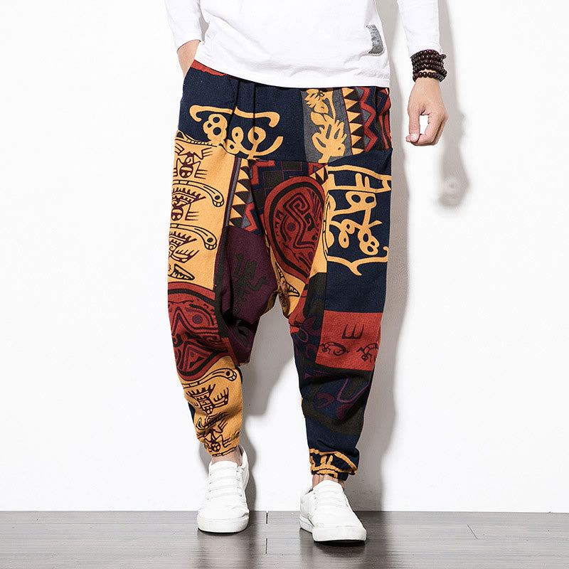 Pantalon sarouel pour homme avec poches, imprimé graffiti et oiseaux, motif Buddha Stones rouge et marron - image 1
