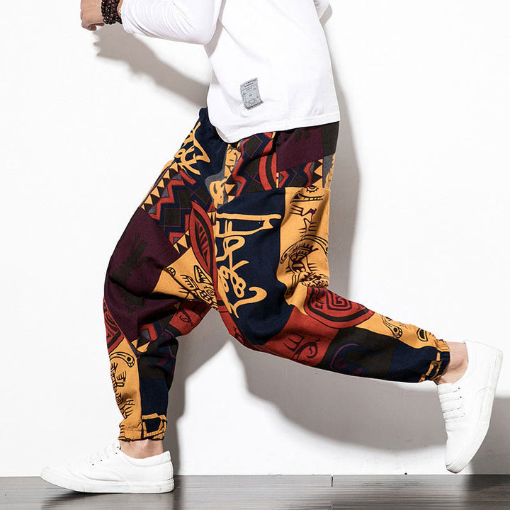 Pantalon sarouel pour homme avec poches, imprimé graffiti et oiseaux, motif Buddha Stones rouge et marron - image 10