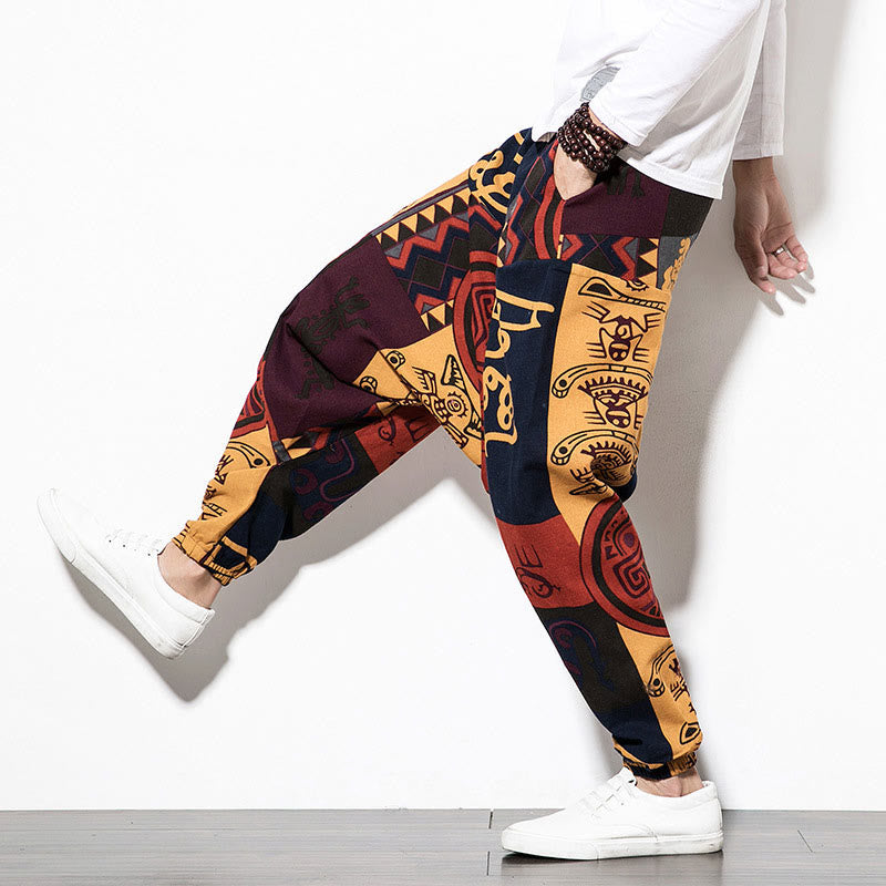 Pantalon sarouel pour homme avec poches, imprimé graffiti et oiseaux, motif Buddha Stones rouge et marron - image 11