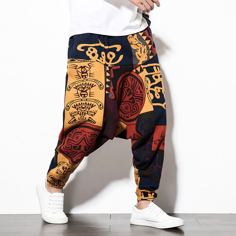 Pantalon sarouel pour homme avec poches, imprimé graffiti et oiseaux, motif Buddha Stones rouge et marron - image 3