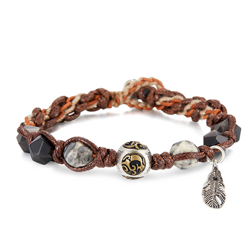 Bracelet tressé fait main en corde de transport en obsidienne argentée et brillante en argent sterling 925 avec Buddha Stones