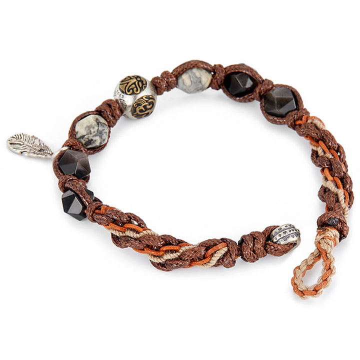 Bracelet tressé fait main en corde de transport en obsidienne argentée et brillante en argent sterling 925 avec Buddha Stones