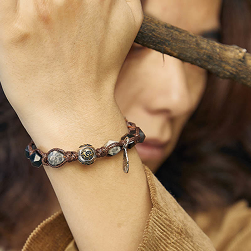 Bracelet tressé fait main en corde de transport en obsidienne argentée et brillante en argent sterling 925 avec Buddha Stones