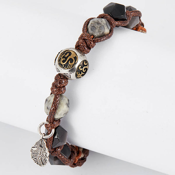 Bracelet tressé fait main en corde de transport en obsidienne argentée et brillante en argent sterling 925 avec Buddha Stones
