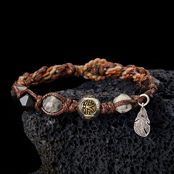 Bracelet tressé fait main en corde de transport en obsidienne argentée et brillante en argent sterling 925 avec Buddha Stones