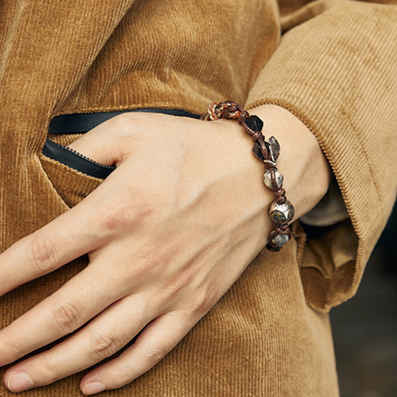 Bracelet tressé fait main en corde de transport en obsidienne argentée et brillante en argent sterling 925 avec Buddha Stones