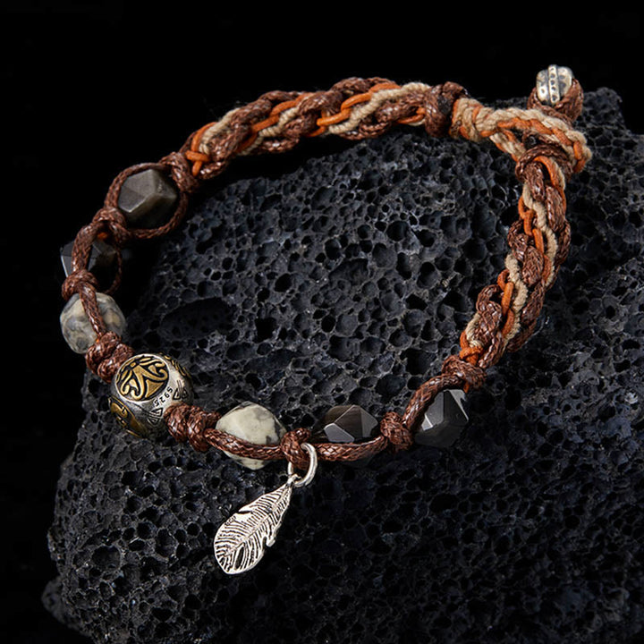 Bracelet tressé fait main en corde de transport en obsidienne argentée et brillante en argent sterling 925 avec Buddha Stones